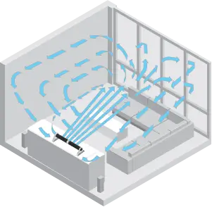 In horizontal Airbar position, air circulates throughout the room when you aim the tower fan at a wall, air will bounce off and circulate the whole room