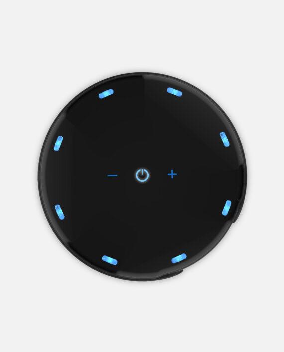 Top view of ATOM 1 Compact Oscillating Tower Circulator. The power button is lit up in a cyan blue as well as lights on the side.