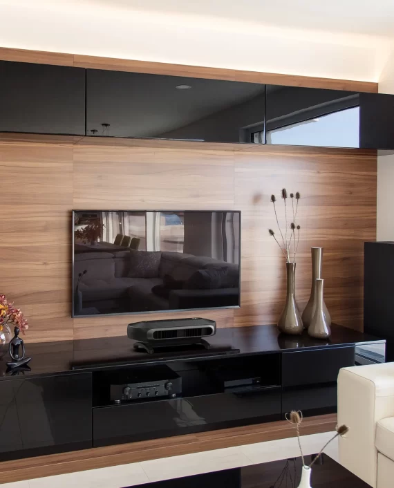 Lifestyle image of AXL sitting on a dark sleek shelf. A tv is hung above it on a wood panel wall.