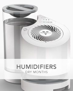 A Vornado Humidifier with the text Humidifiers Dry Months in front of the image