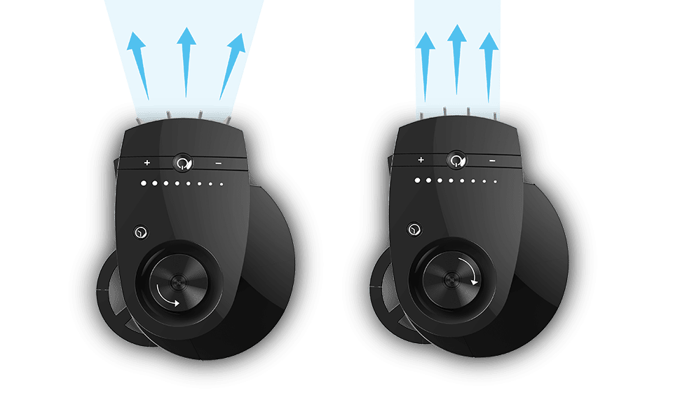 Top view of two NGT335 tower circulator's showing the Versaflow options with blue arrows