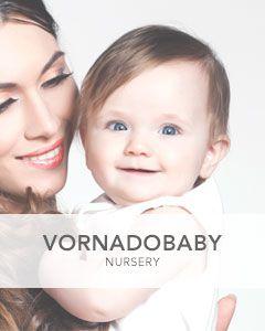 Photo of young mom holding her baby with the text Vornado Baby Nursery underneath them