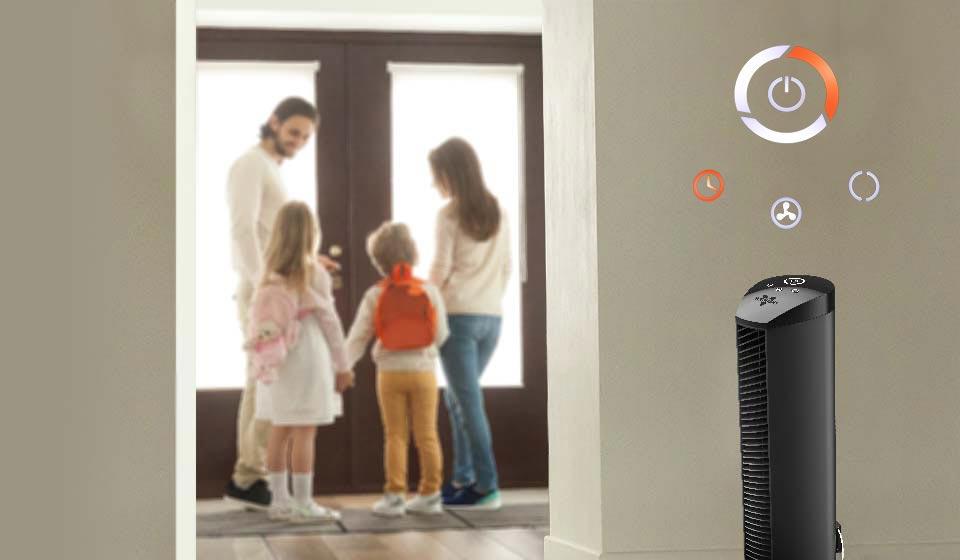 lifestyle of OSCR32 Oscillating tower circulator in a room with graphics of the controls floating above it. In the background, a family is about the leave the house, indicating that the tower is on a timer and will shut off.