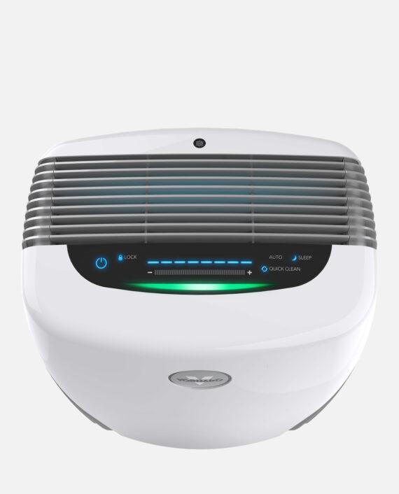 top view of a PCO375DC air purifier, showing the control panel with touch buttons. The left side has a the power button and a lock button. The middle has a plus or minus button combo and to the left, a quick clean button, Auto button, and sleep button