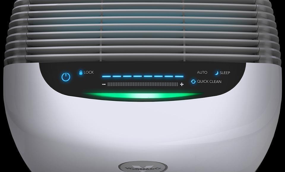 Top of a PCO375DC Energy Smart Air Purifier with Silverscreen and True HEPA Filtration showing the control panel with touch buttons. The left side has a the power button and a lock button. The middle has a plus or minus button combo and to the left, a quick clean button, Auto button, and sleep button