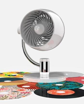 Pivot3U Compact Air Circulator with art discs scattered underneath it