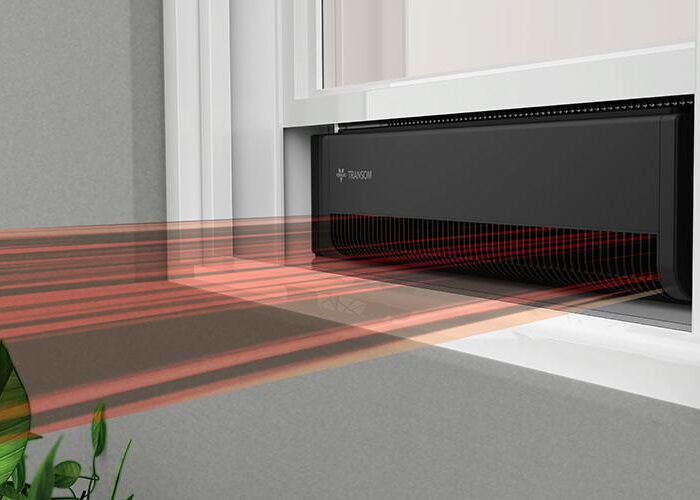 Image of Transom window fan. Red lines are coming out, indicating it is removing stale air from the room.