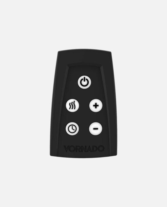 TAVH10 whole room heater remote with push buttons including a power button, a timer, thermostat plus or minus, and a mode button for High heat, low heat or fan only.