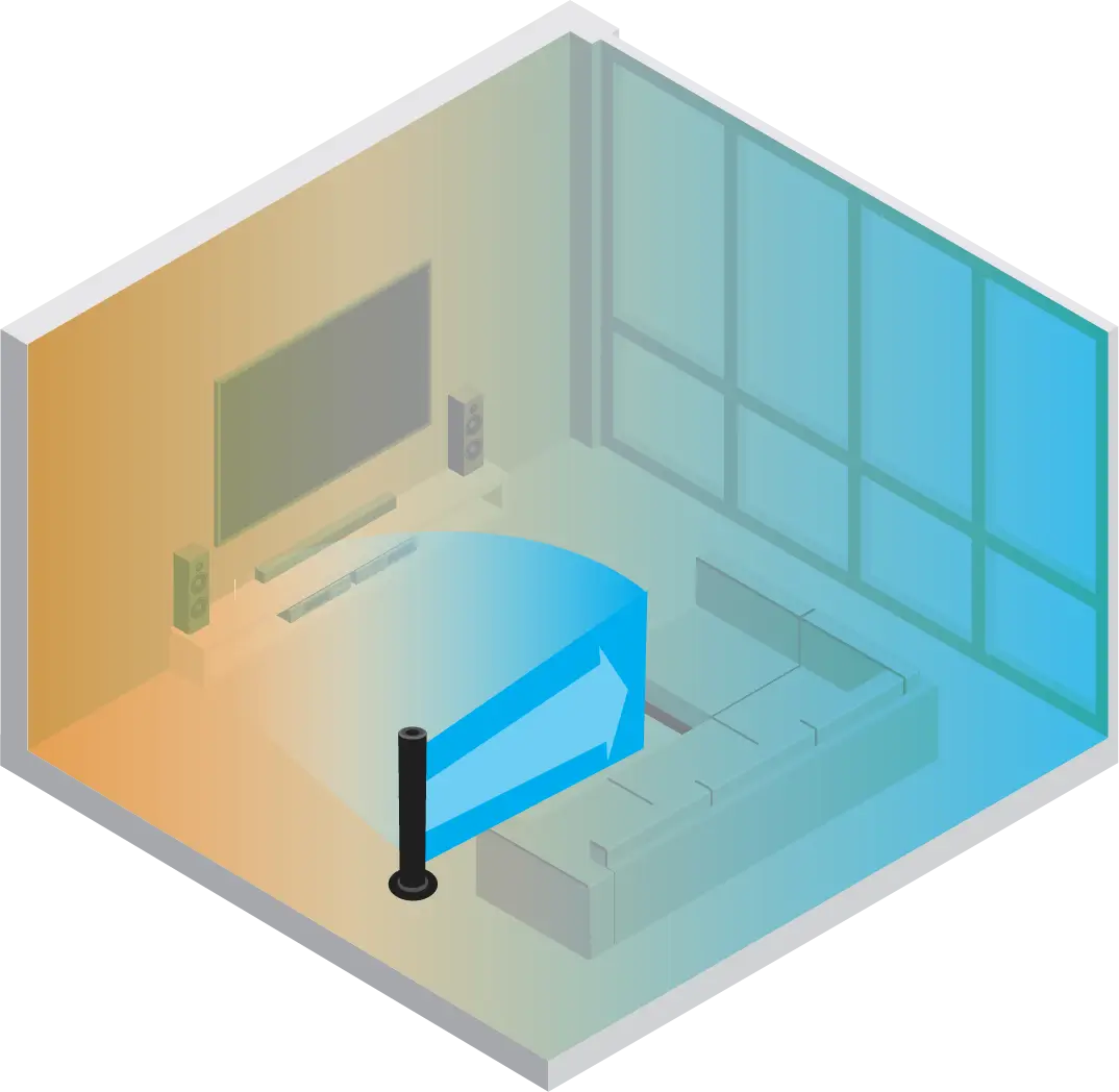 Graphic showing a black Vornado tower fan oscillation with a orange-blue gradient in the room