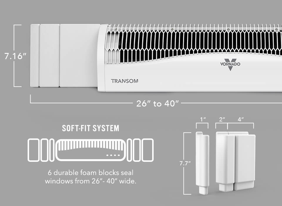 Transom window fan seal windows up to 40 inches wide. The image shows a close up of Transom with the height 7.16" listed next to it's side and its width 26" to 40" listed underneath it. Beneath the graphic is a white outlined icon of Transom with the supporting text: Soft-fit system. 6 durable foam blocks seal windows from26" - 40" inches wide. To the right of the icon are 3 foam blocks 7.7" inches in height with the varying widths of 1", 2" and 4" inches.