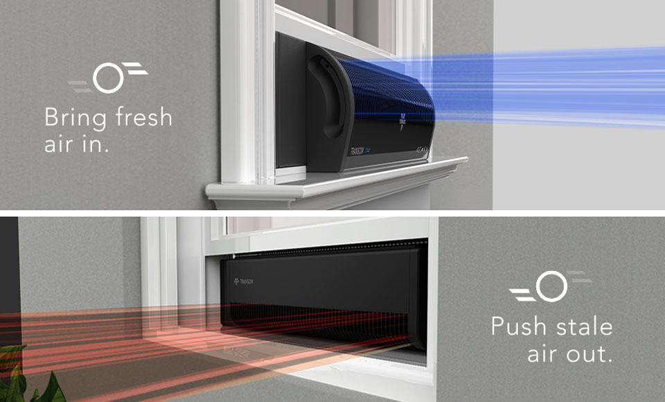 Graphics showing TransomAE Reversible Exhaust Modes with blue lines indicating it brings fresh air in. The bottom graphic has red lines indicating it's pushing stale air out.