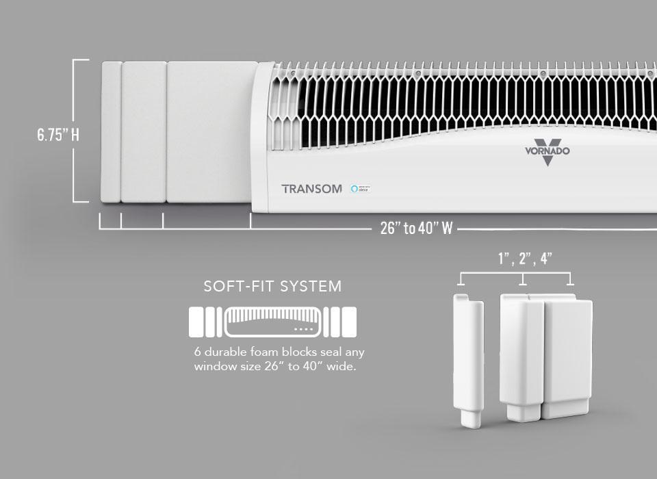 Infographic of TransomAE Window showing Modular Blocks sizes of 1", 2", and 4". It also lists Transforms 6.75" height and a width of 26" to 40". There is a Soft-Fit System icon with the supporting text: 6 durable foam blocks seal any window size 26" to 40" wide.