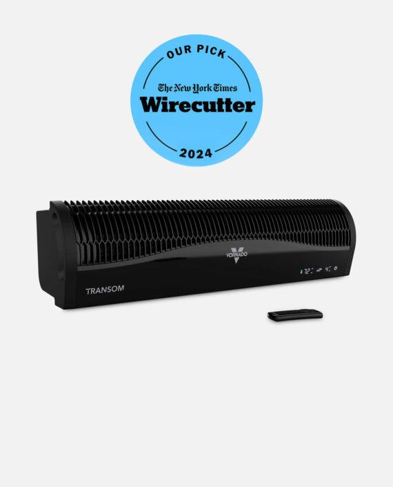 Black Trasnsom Window Air Circulator with The New York Times Wirecutter Our Pick 2024 blue badge.