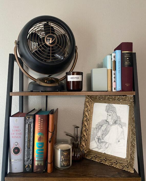 VFAN Alchemy on the top shelf of a ladder shelf next to a candle, some books, and a drawing