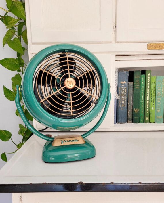 VFAN Green on a hutch next to a plant and some books.