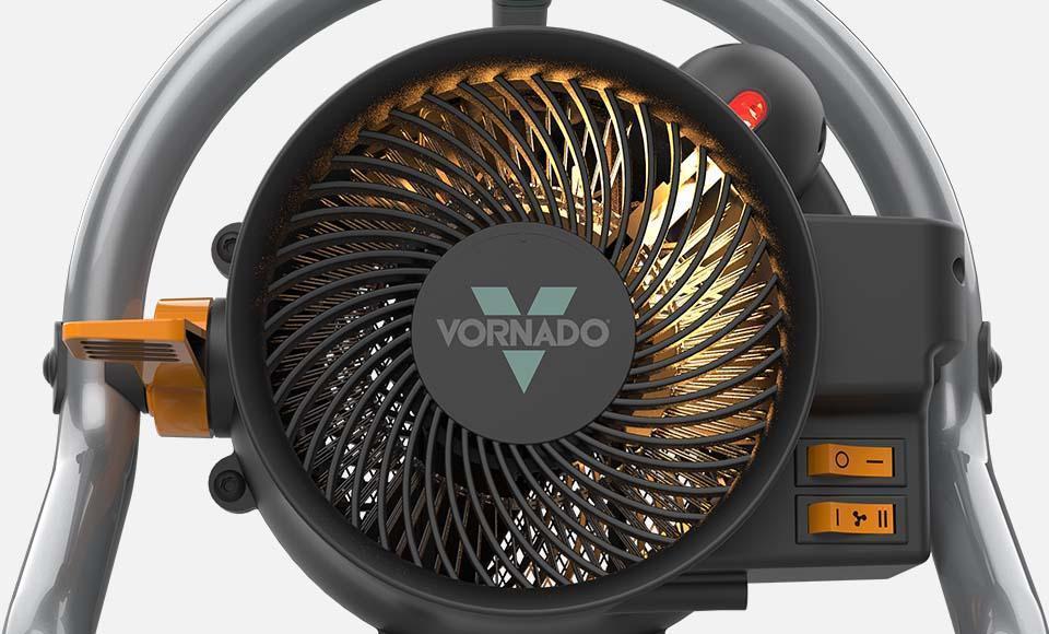 Front view of Velocity HD Garage Heater prominently featuring the vornado logo and orange control switches