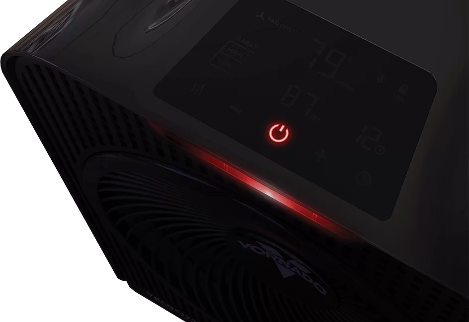 Velocity 5 Whole room heater power button lit up in red