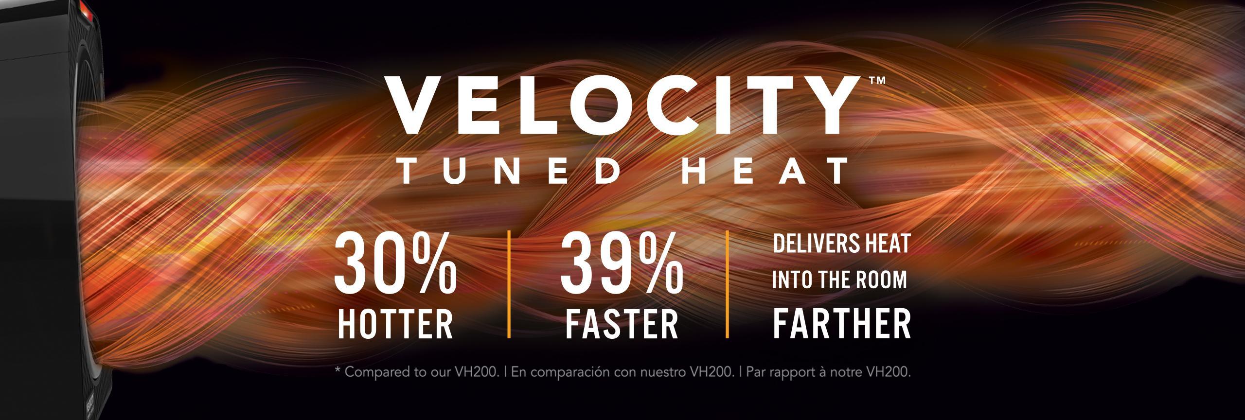 Graphic banner of a Velocity 3 whole room heater blowing out hot air indicated by orange and red swirls. The banner says Velocity Tuned Heat 30% Hotter, 39% Faster Delivers Heat Into the Room Farther *compared to our VH200