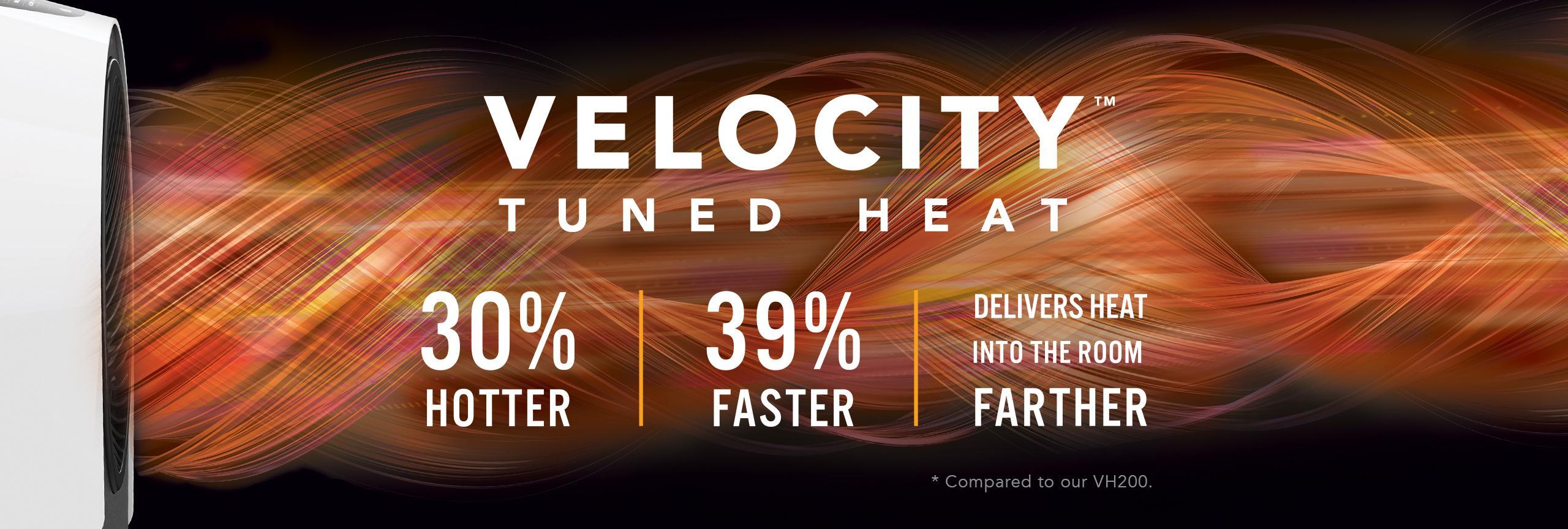 Graphic banner of a Velocity 3R whole room heater blowing out hot air indicated by orange and red swirls. The banner says Velocity Tuned Heat 30% Hotter, 39% Faster Delivers Heat Into the Room Farther *compared to our VH200