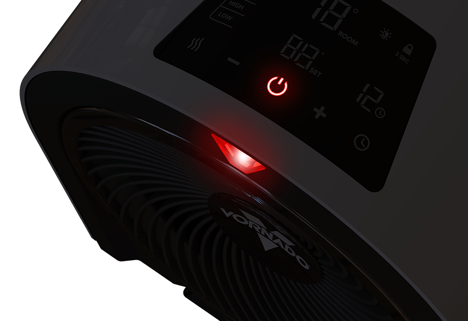 Top view of a black Velocity 5r heater's control panel. The power button is lit up red.