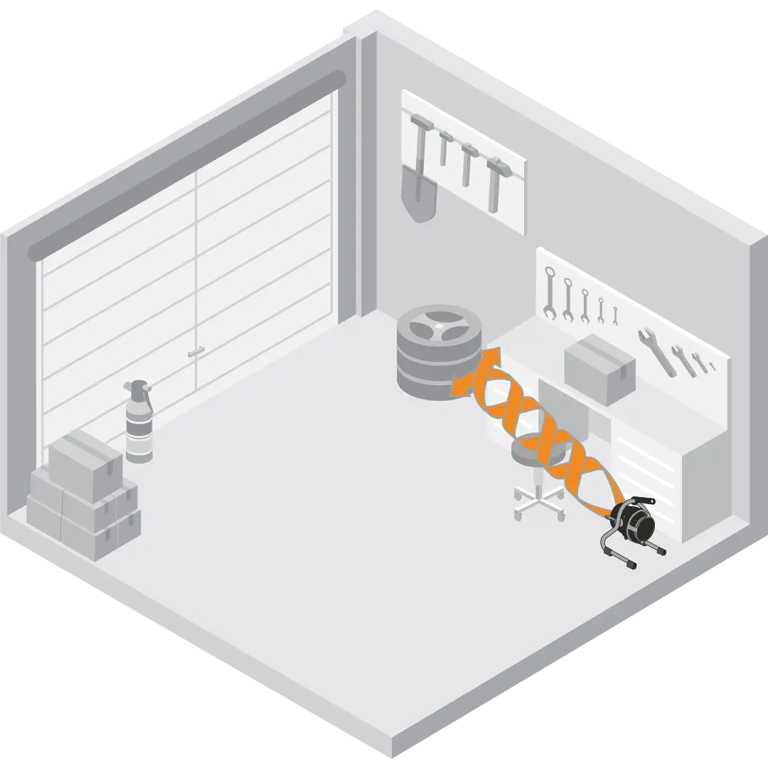 Graphic showing a white Vornado velocity heater hd whole room circulation with orange arrows showing the air circulation in a room in a garage.