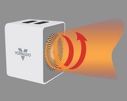 Icon showing the heat circulation of vmh500 whole room steel heater with an orange wave and a curling red arrow