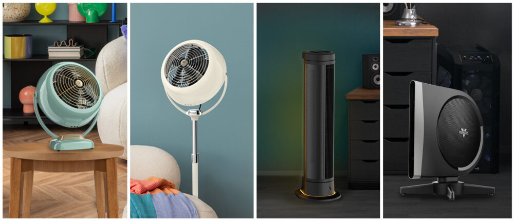 Vornado End of Summer Giveaway graphic showing a VFAN Sr. Pedestal Vintage Circulator, a VFAN Sr. Vintage Floor Circulator, an ARA Oscillating Tower Fan with Ambient Light, and a STRATA Oscillating Floor Fan in different rooms.