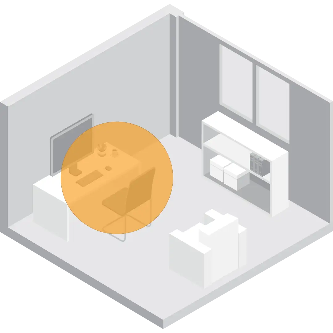 A graphic showing a Vornado Personal heater air area with a orange circle in a room