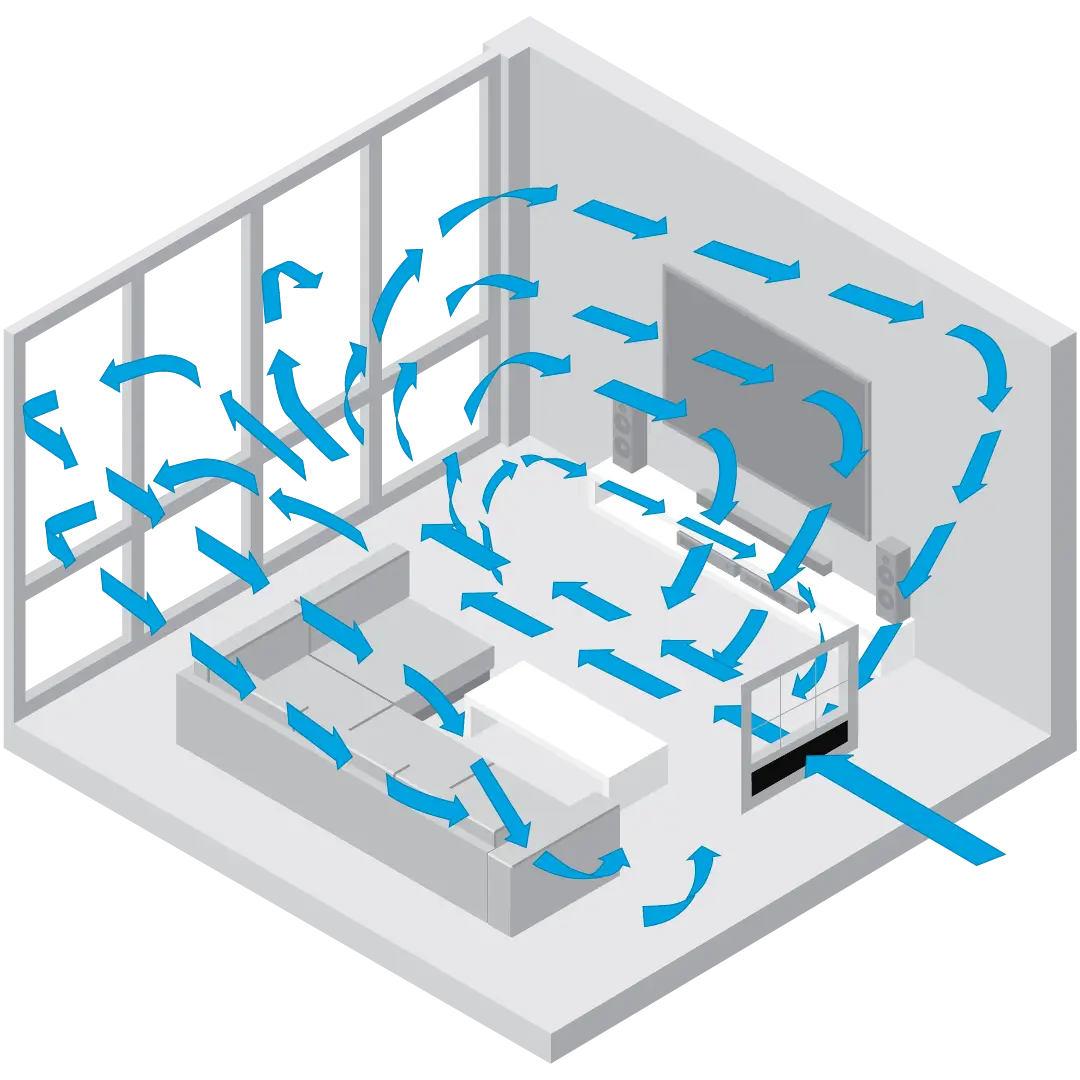 Graphic showing a black Vornado window fan Whole Room air circulation with blue arrows showing the air circulation in a room.