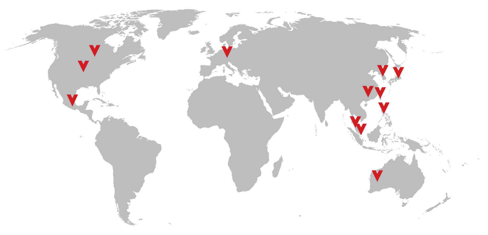 Grey map of the world with a red v marking where Vornado is is. 2 locations in North America, 1 in South America, 1 in Europe, 1 in Australia, and 7 spread about Asia