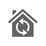 Whole Home Comfort icon. It is a grey house with two white circular arrows to indicate circulation.